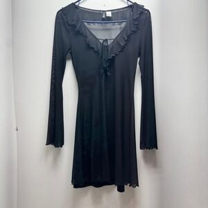 HM Divided Mesh Mini Dress Women XS Black Ruffle Tie Neck Sheer Bell Sleeve Goth
